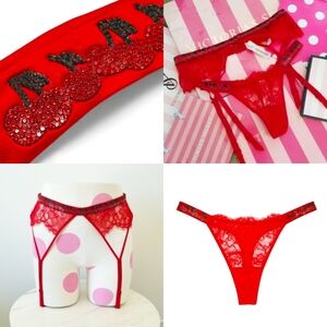 Victoria's Secret Very Sexy Cherry Bomb Shine Strap Thong & Garter Belt Set NWT